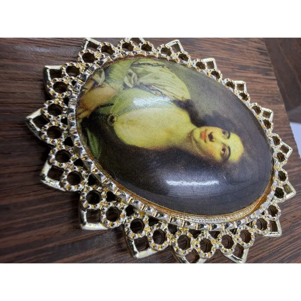 Vintage Victorian Revival Portrait Brooch Pendant Gold Tone Filigree Lady 1960s